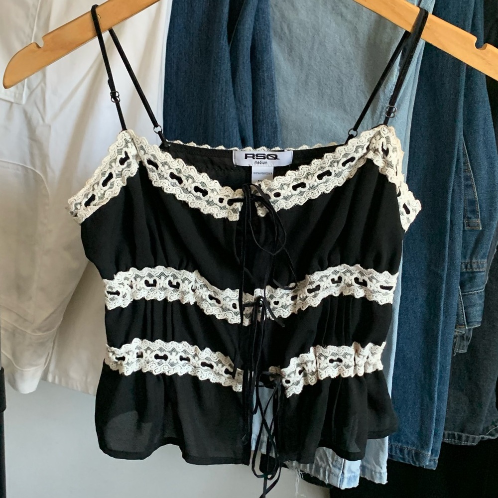 RSQ Cake Lace Black & White Velvet Bow Tank Cami Summer Top